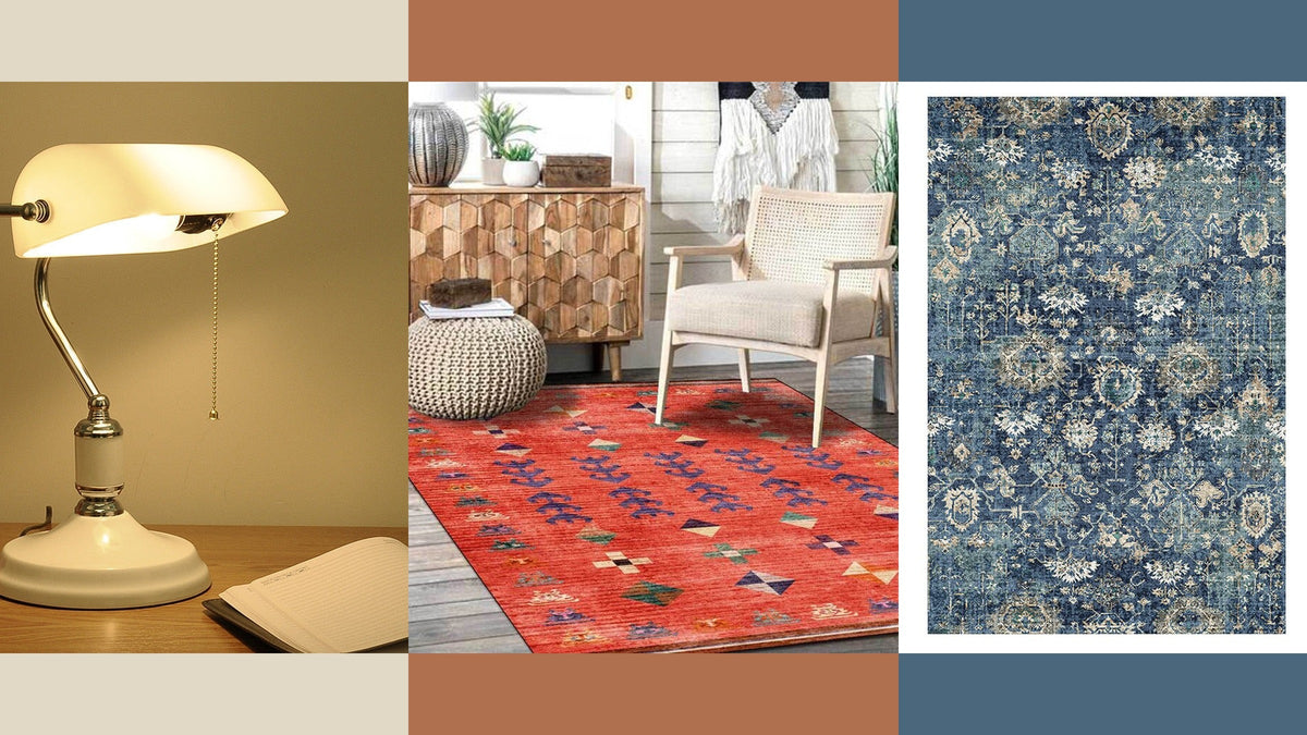 Meuble en bois et chaise sur tapis orange, entre une lampe crème et un tapis bleu pour comparer les palettes Bild