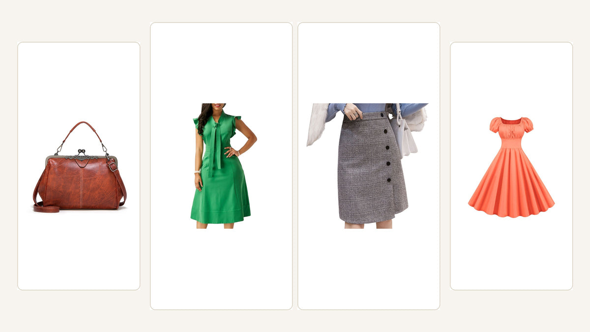 Tenue années 60 chic composée autour d’une robe verte, d’une jupe graphique, d’une robe orange et d’un sac rétro Bild