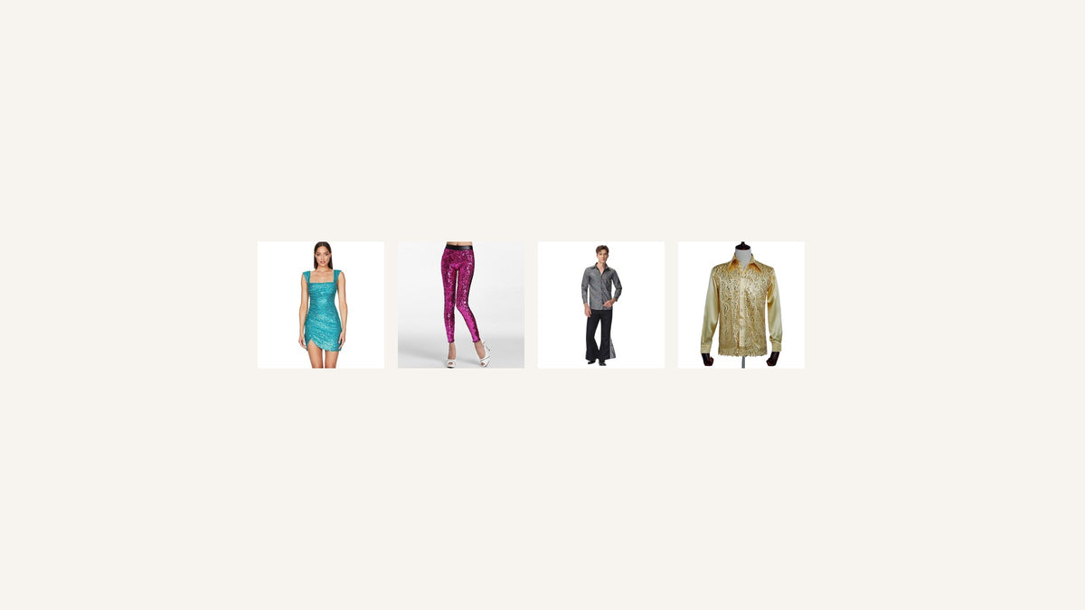 Quatre inspirations disco actuelles : robe turquoise, pantalon rose à paillettes, ensemble noir et argent et chemise dorée Bild