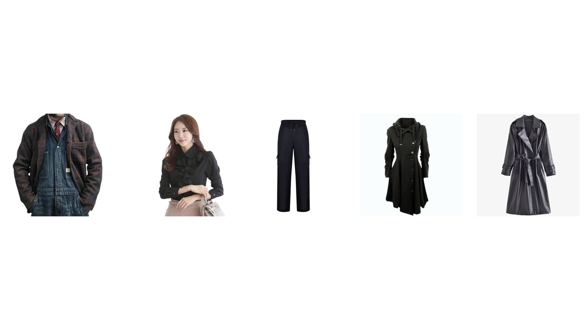 Silhouette féminine en manteau sombre et pantalon ample dans une composition éditoriale rétro Bild