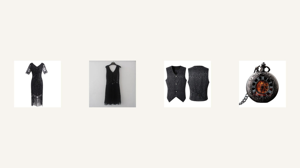 Tenues d’inspiration années 1920 : robe noire, robe à paillettes, gilet et montre à gousset Bild