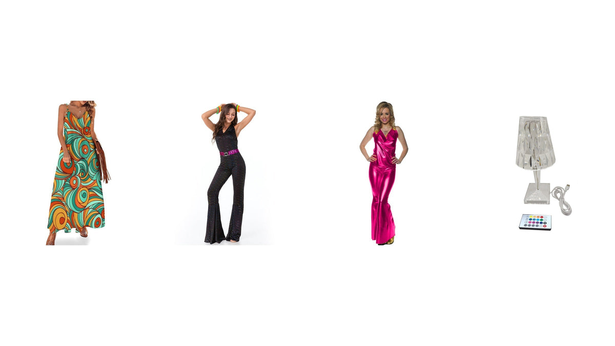 Quatre repères visuels du disco : robe longue colorée, combinaison noire évasée, ensemble rose brillant et lampe à facettes Bild