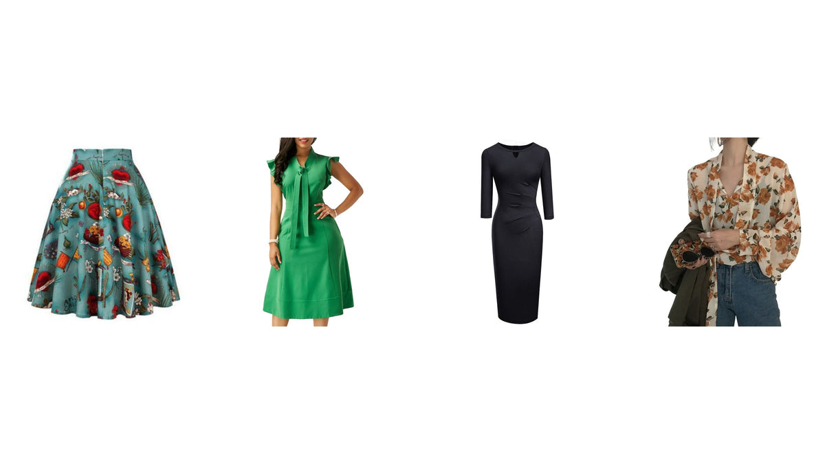 Tenue années 60 : jupe imprimée, robe verte, robe noire droite et chemise fleurie Bild
