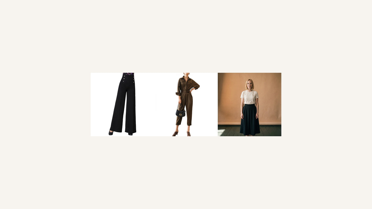 Trois alternatives chics à la robe pour un mariage : pantalon large noir, combinaison pantalon brune et jupe évasée noire Bild