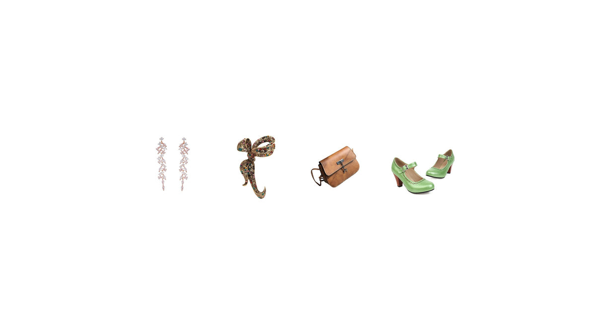 Accessoiriser une robe vintage avec des boucles pendantes, une broche ornée, un petit sac brun et des escarpins verts Bild
