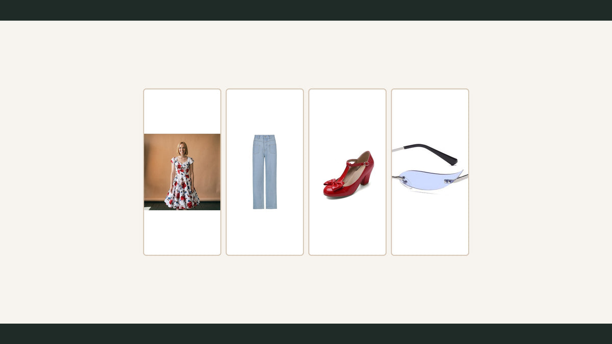Comment moderniser un look classique : robe fleurie, jean droit, chaussure rouge et lunettes bleutées Bild