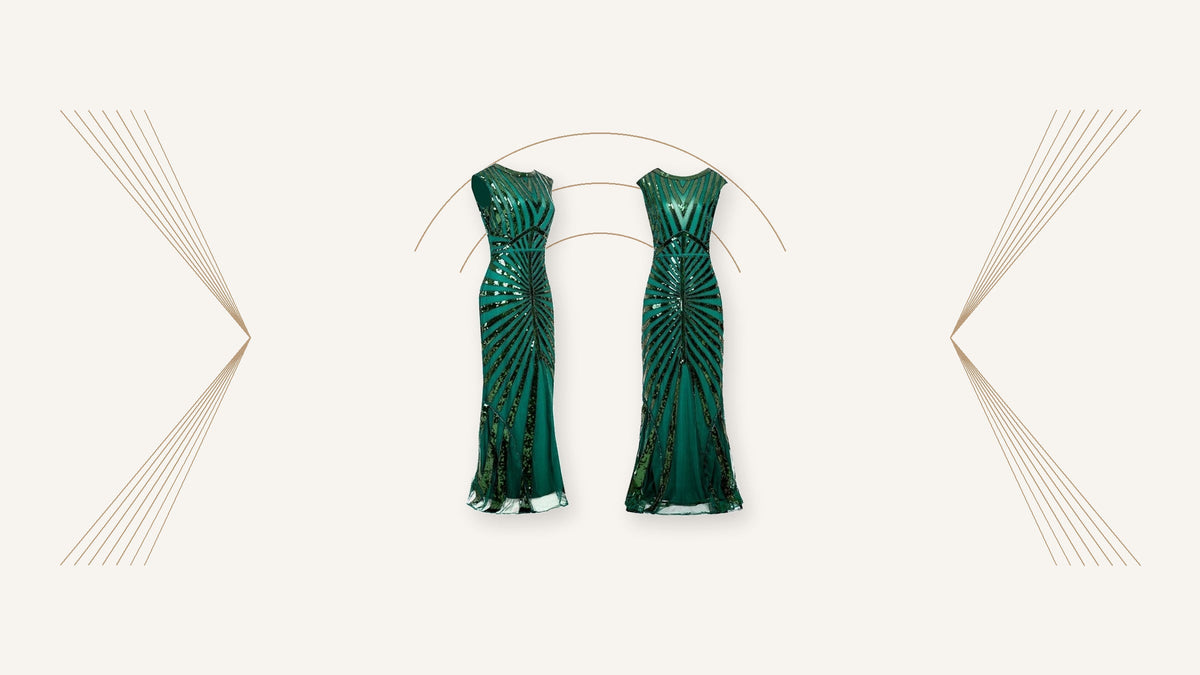 Robe longue verte d’inspiration années 1920, vue de face et de dos, sur un décor géométrique Bild