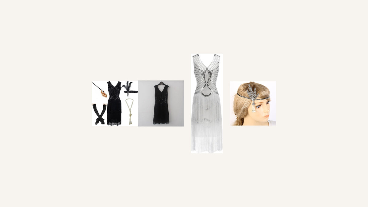 Trois robes Charleston noires et claires avec un bandeau orné pour composer un look années 20 Bild