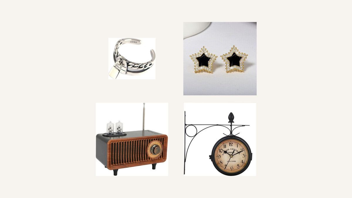 Bague, boucles d’oreilles, enceinte et horloge réunies dans une sélection de boutique vintage Bild