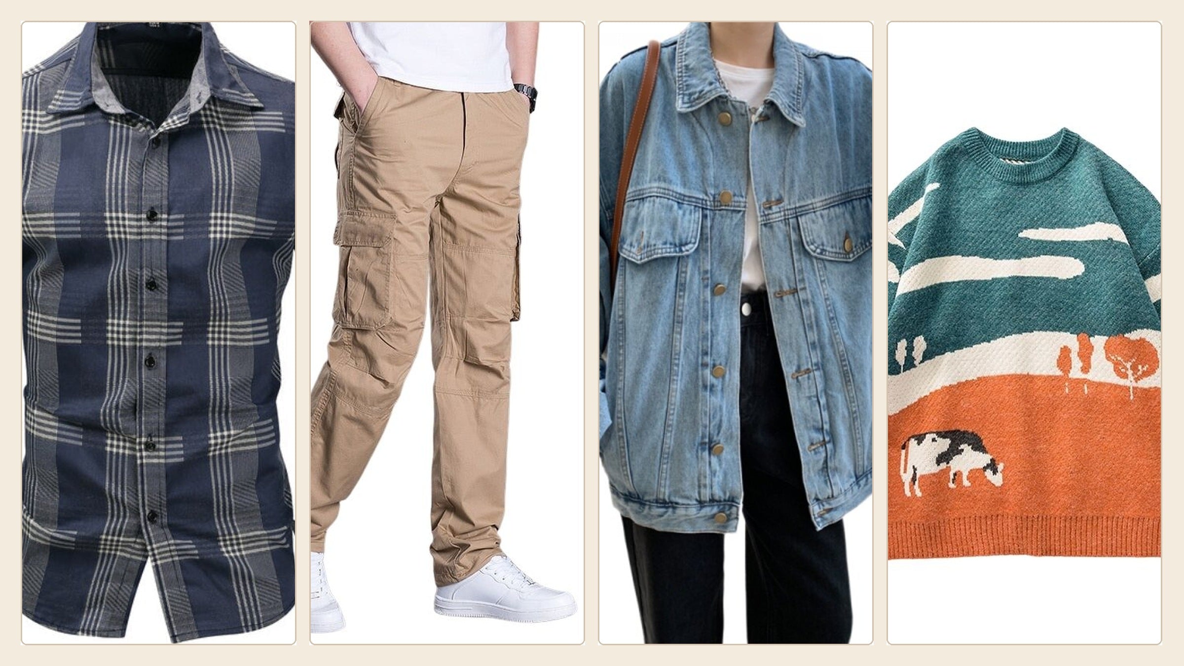 Chemise à carreaux, pantalon cargo, veste en jean et sweat graphique pour une tenue homme années 90