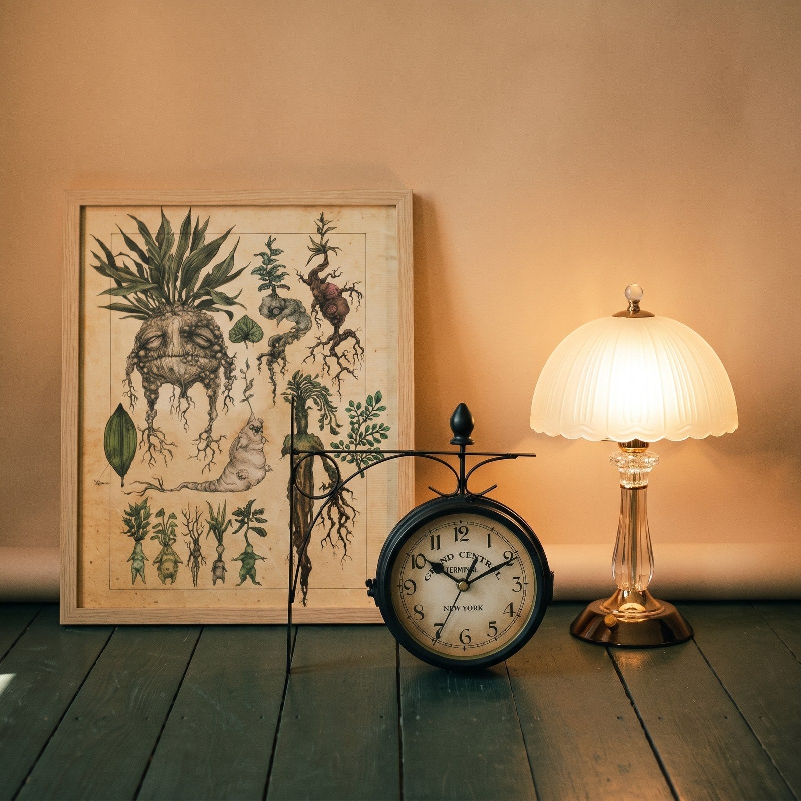 Affiche encadrée, horloge de gare et lampe à poser, décoration rétro Bild