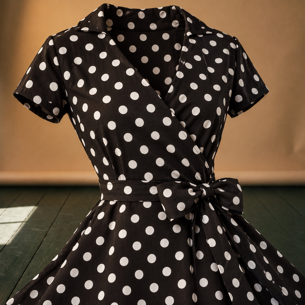 Gros plan sur la popeline à pois et la ceinture nouée de la robe années 50 Bild