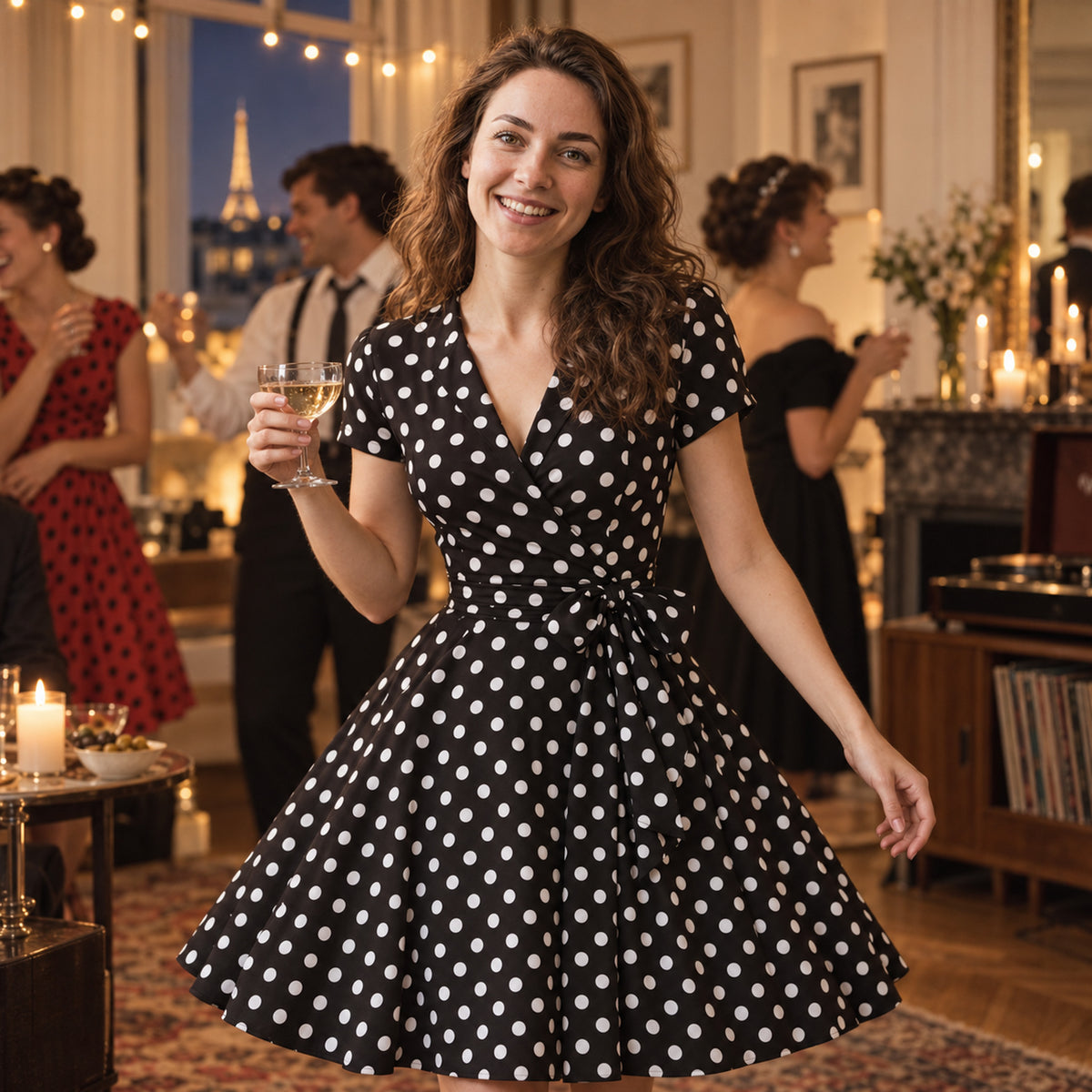 Femme portant la robe années 50 à pois lors d'une soirée à thème, jupe évasée en mouvement sur la piste Bild