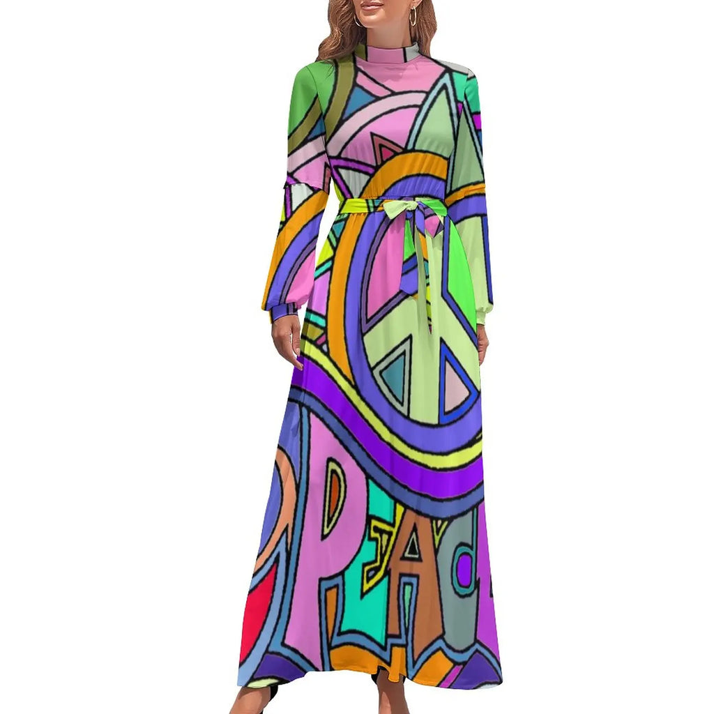 Robe Maxi Vintage Années 80 à Col Roulé et Ceinture