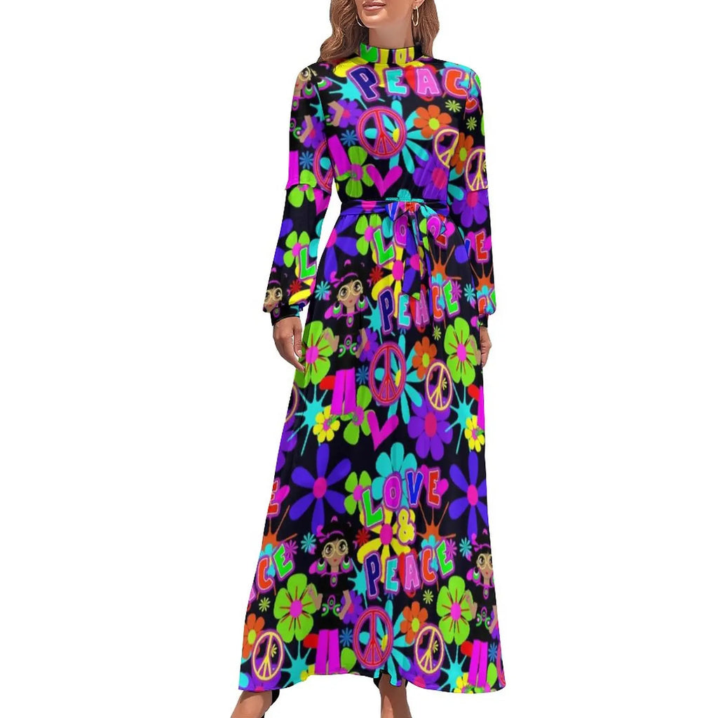 Robe Maxi Vintage Années 80 à Col Roulé et Ceinture