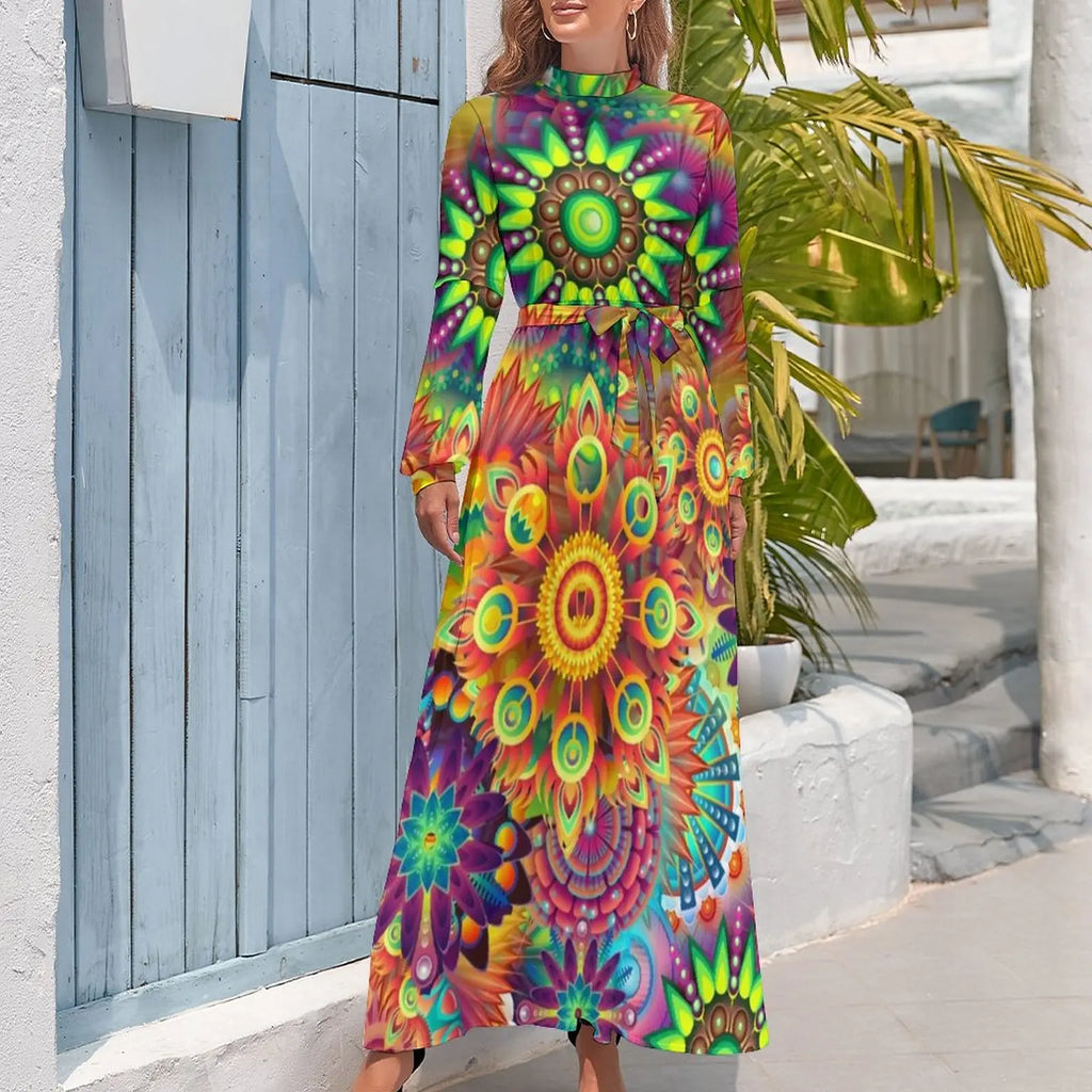Robe Maxi Vintage Années 80 à Col Roulé et Ceinture
