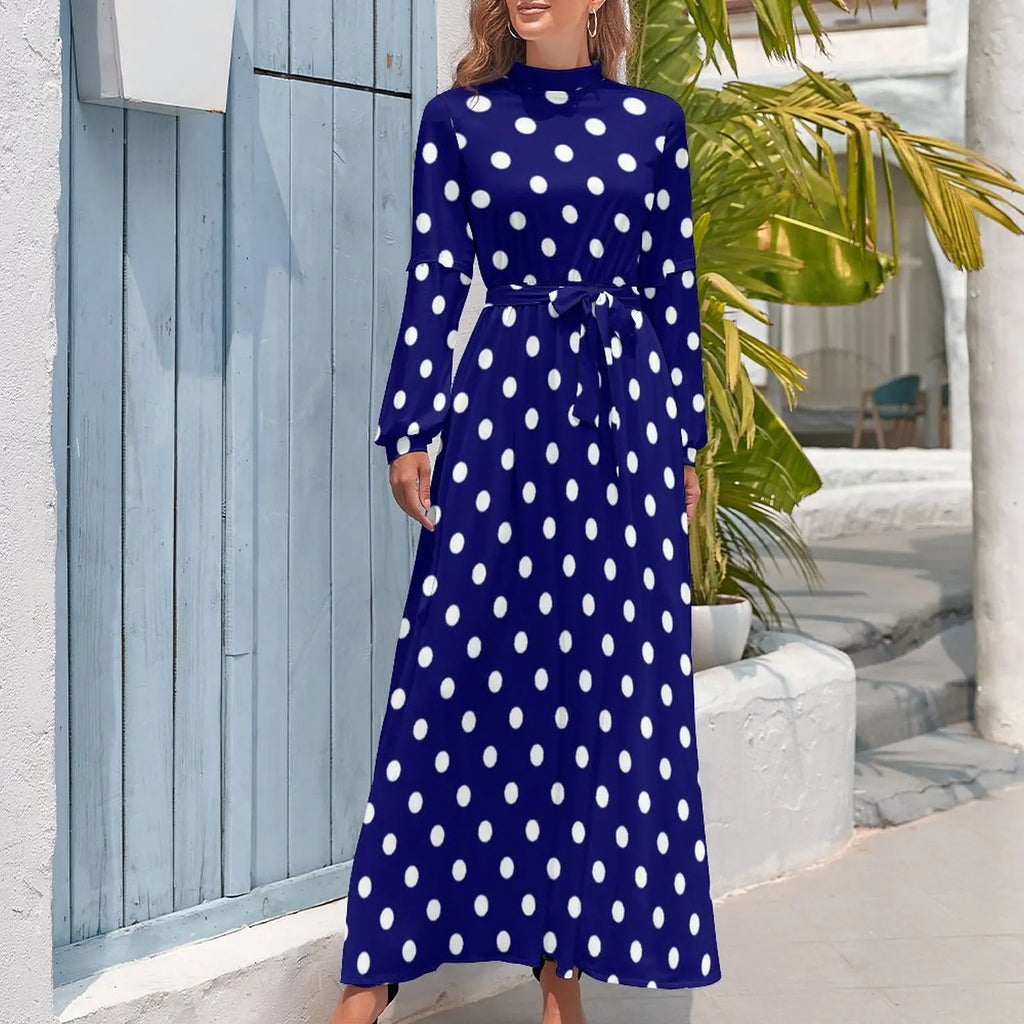 Robe Maxi Années 80 à Pois Bleus et Col Roulé