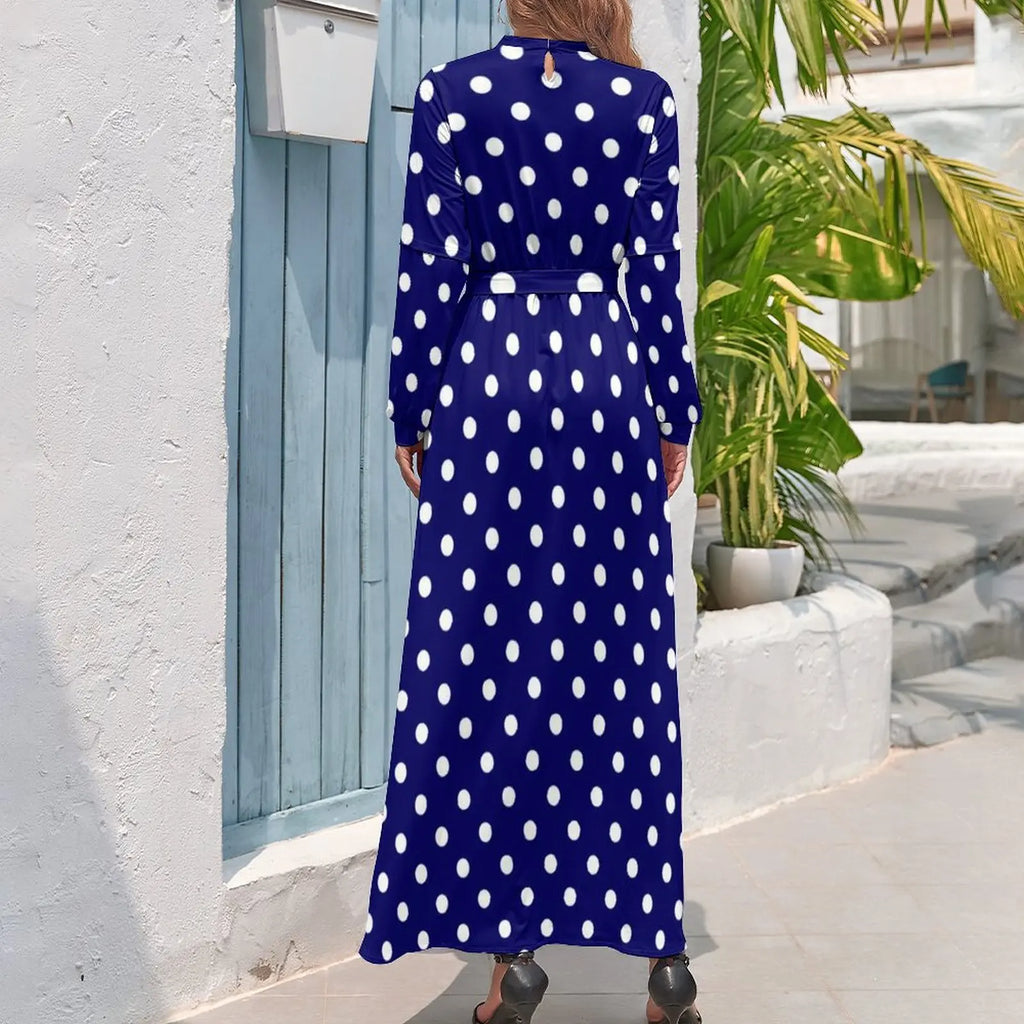 Robe Maxi Années 80 à Pois Bleus et Col Roulé
