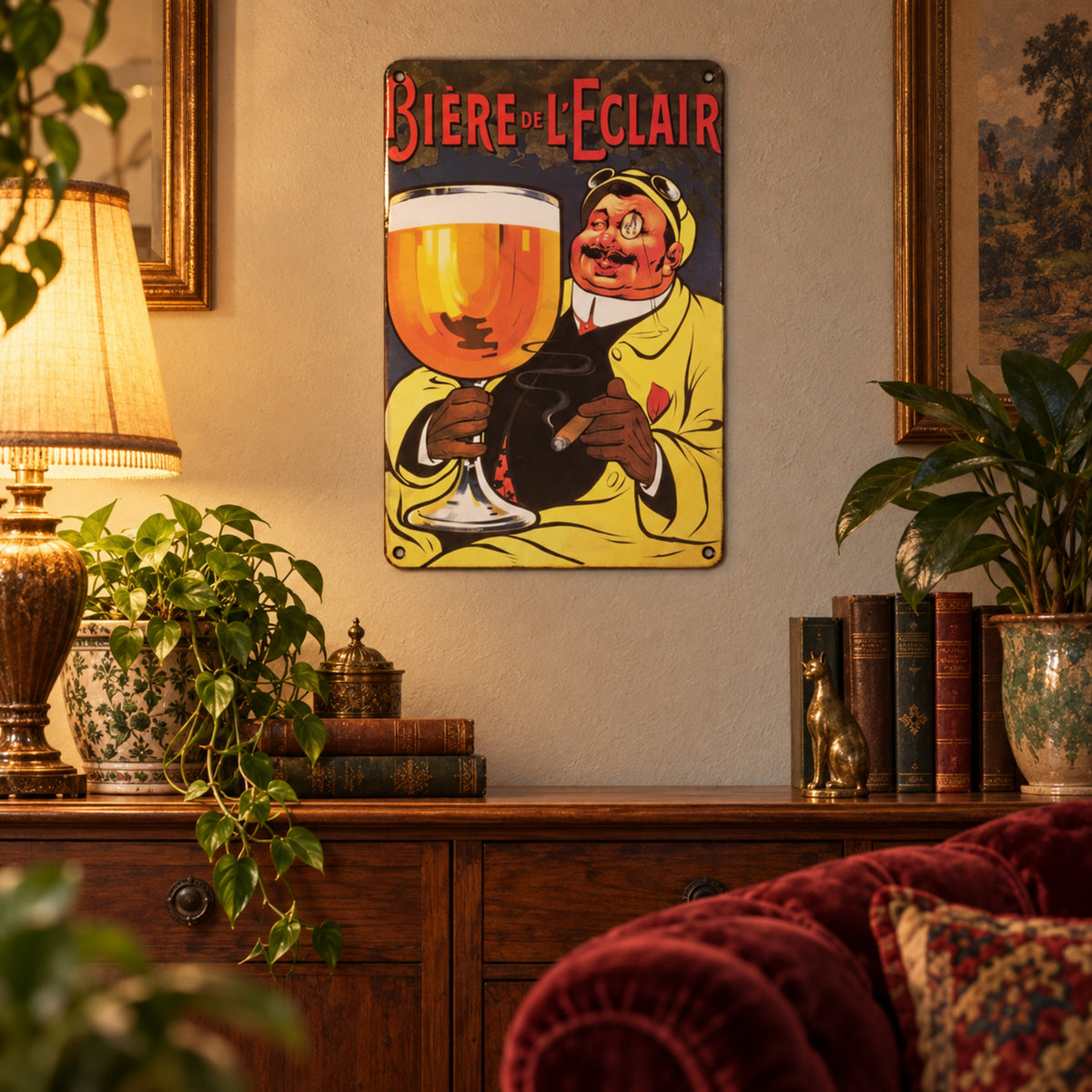 Affiche publicitaire alcool vintage en métal accrochée au mur d'un coin bar au-dessus des bouteilles Bild