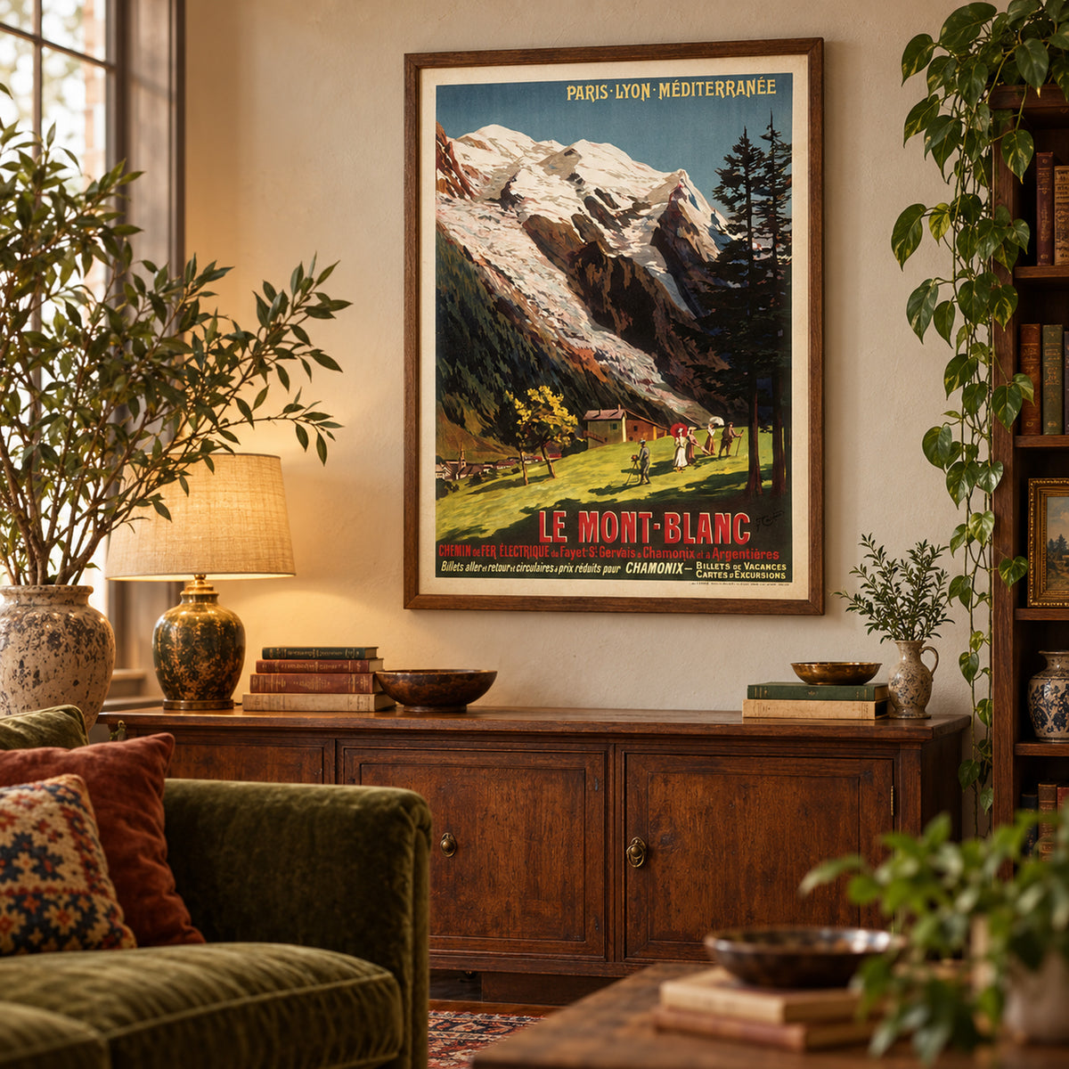Affiche vintage Mont Blanc sur toile accrochée au mur d'un salon au-dessus d'un canapé Bild