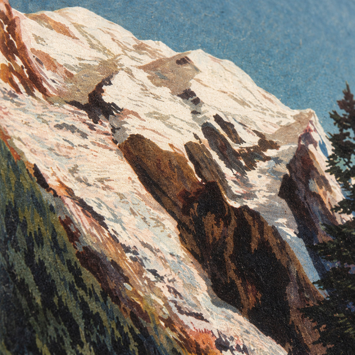 Gros plan sur le dessin des sommets enneigés et des sapins de l'affiche vintage Mont Blanc Bild