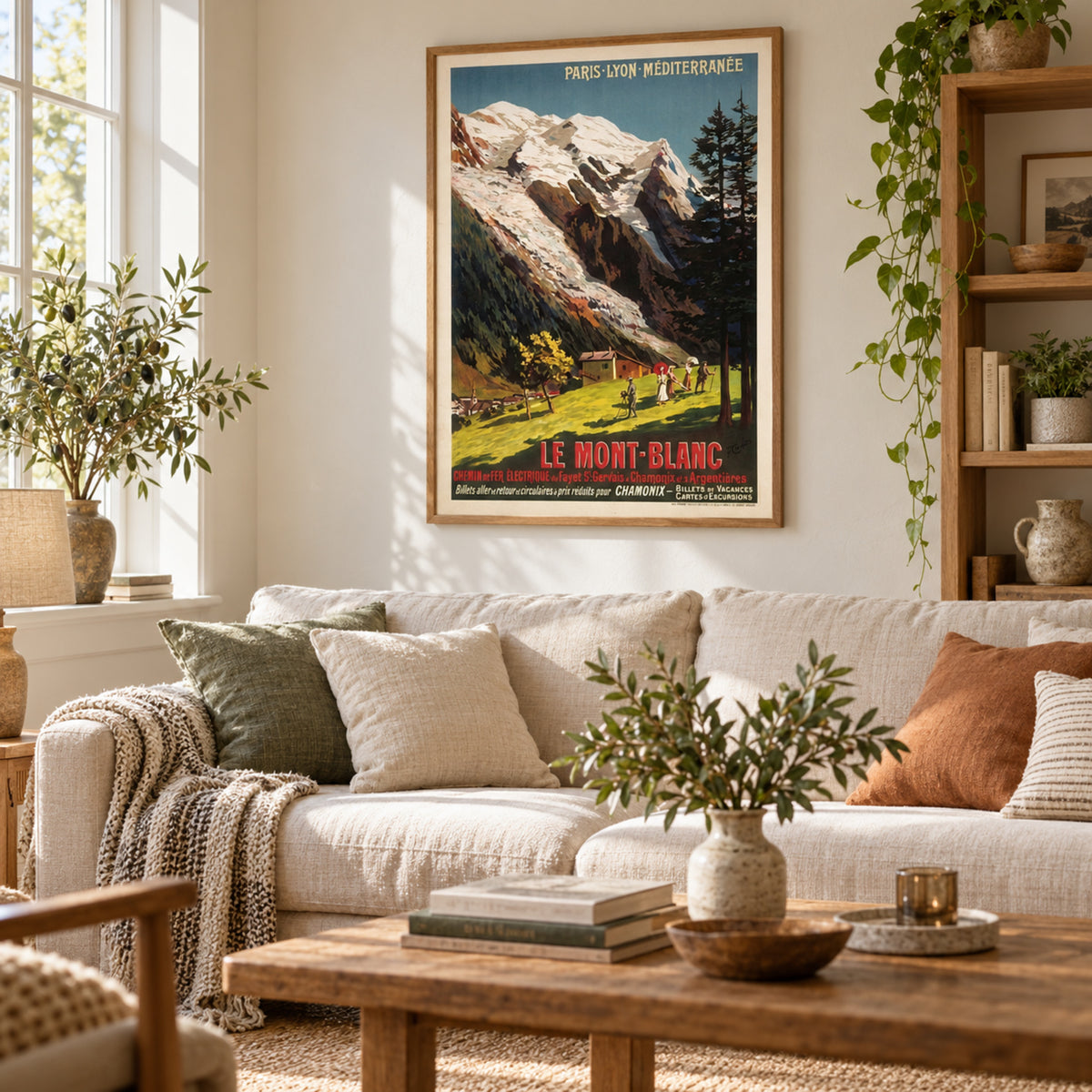Vue large d'un salon en journée avec l'affiche vintage Mont Blanc sur toile 50 x 70 cm au mur Bild