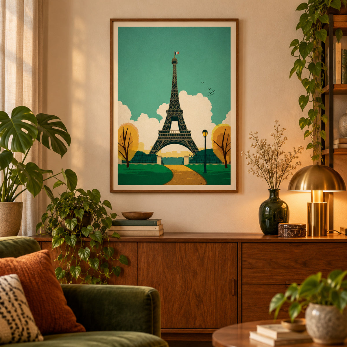 Affiche vintage Paris avec la Tour Eiffel accrochée au mur au-dessus d'un bureau dans un salon Bild