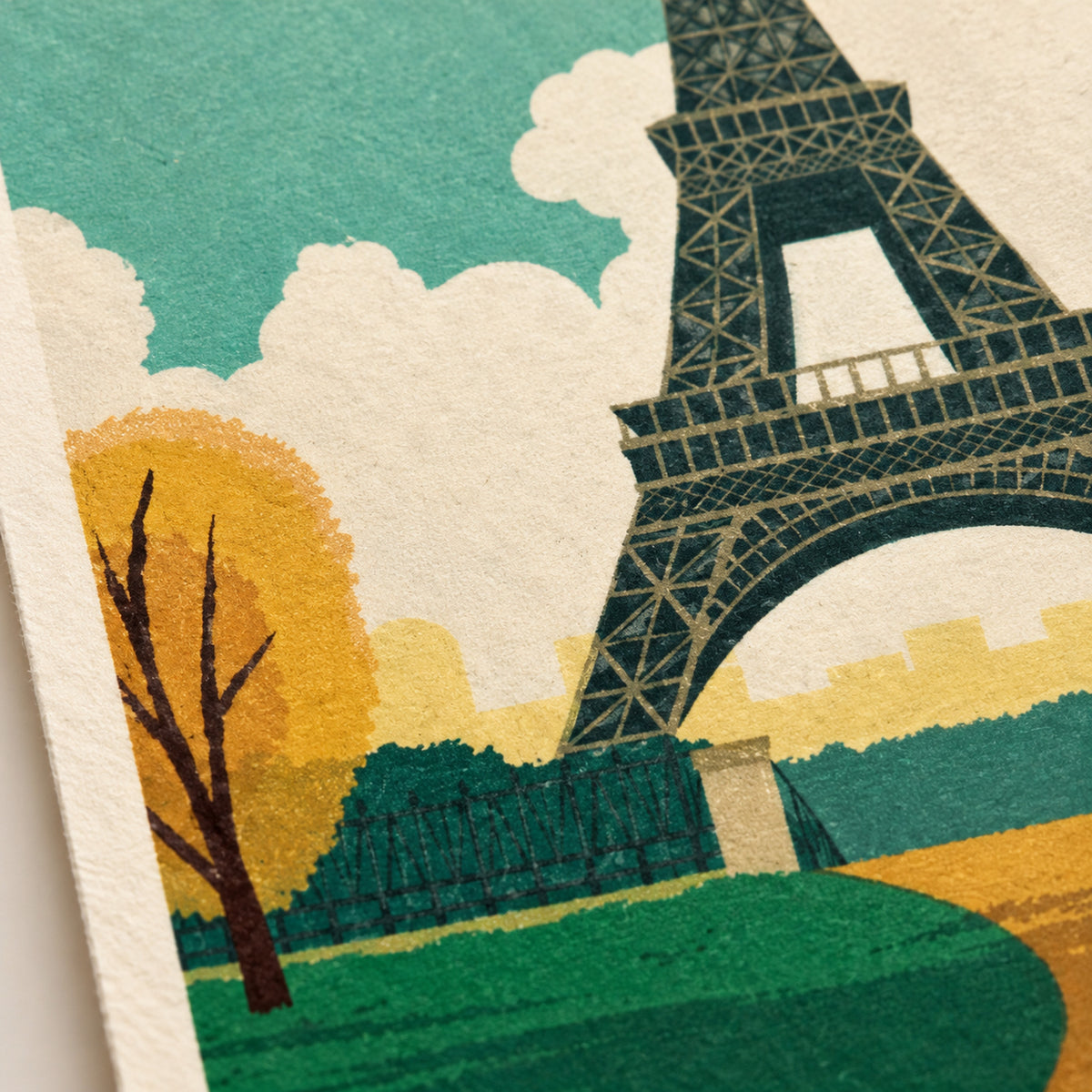 Gros plan sur la Tour Eiffel dessinée et le lettrage de l'affiche vintage Paris, la ville des lumières Bild