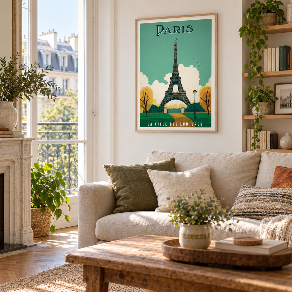 Vue large d'un salon en journée avec l'affiche vintage Paris Tour Eiffel au mur, format 60 x 80 cm Bild