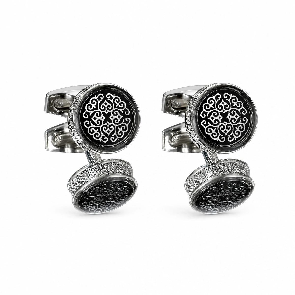 Boutons de manchette argentés motif arabesque baroque - image principale
