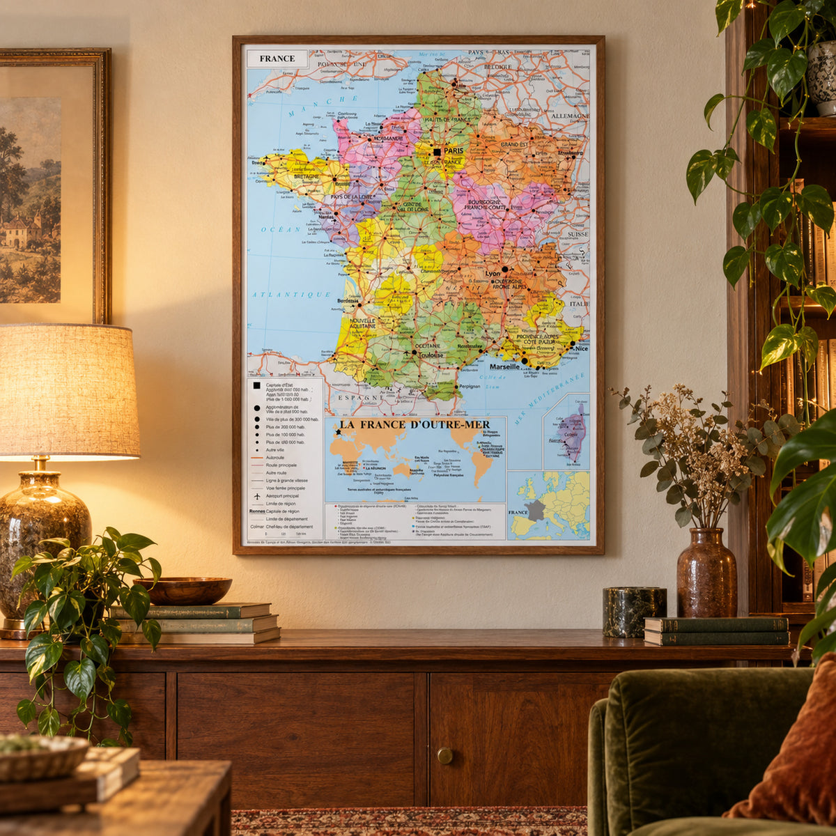 Carte de France murale administrative en couleurs accrochée au-dessus d'un bureau dans un salon Bild