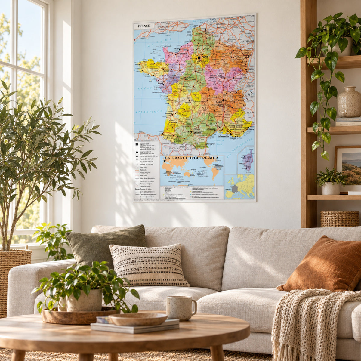 Vue large d'un bureau avec la carte de France murale administrative en grand format encadrée au mur Bild