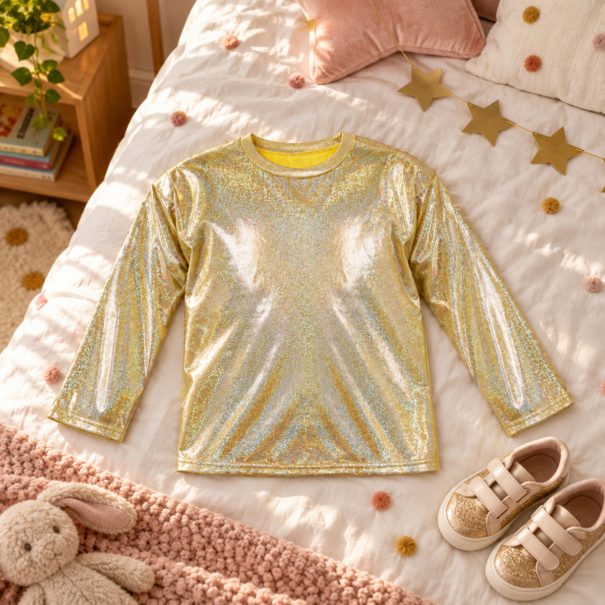 Enfant portant la chemise disco dorée pendant une fête d'anniversaire entre copains Bild