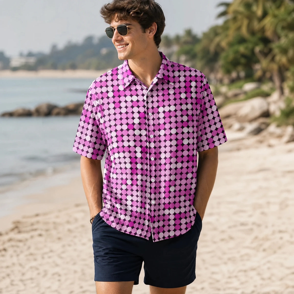 Chemise disco homme rose à motif géométrique - Utilisation GLOBALE