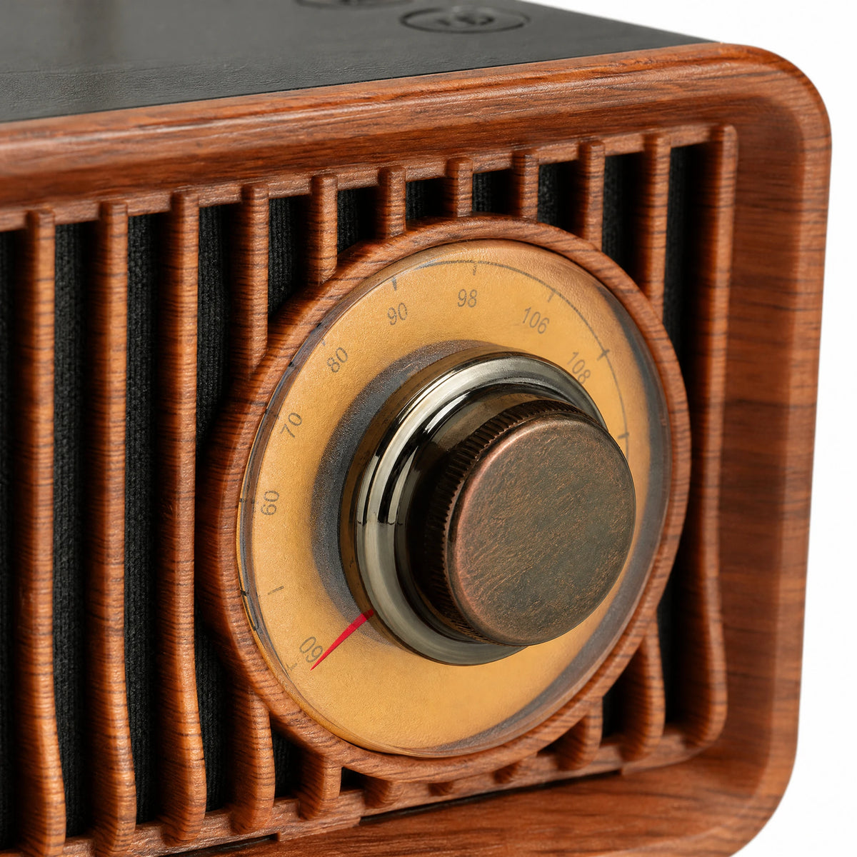Enceinte Bluetooth Vintage avec Tubes Lumineux et Bois - close-up détail matière
