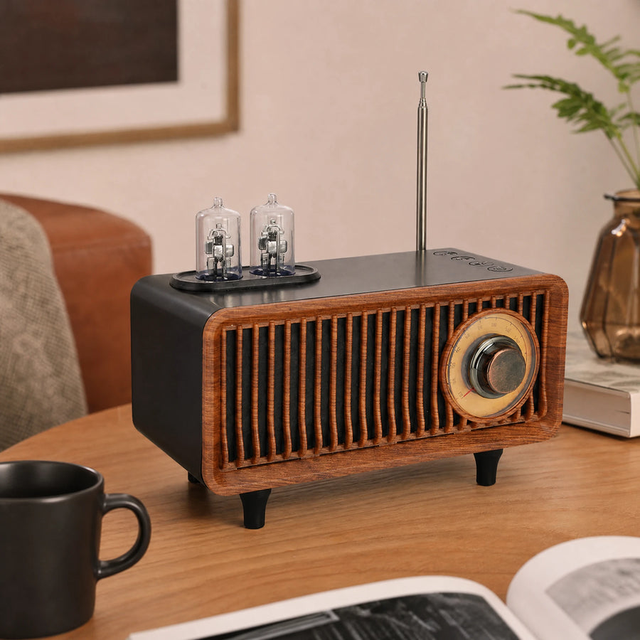 Enceinte Bluetooth Vintage avec Tubes Lumineux et Bois - OBJETS VARIES