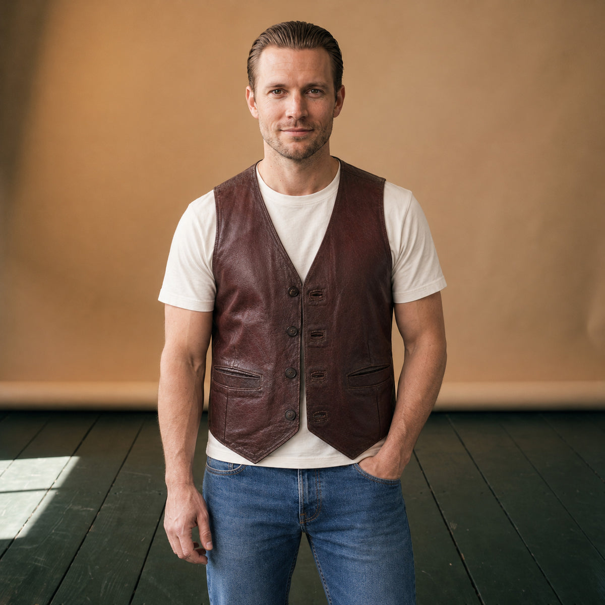 Gilet vintage homme effet cuir marron porté en studio sur une chemise claire, vue de face Bild