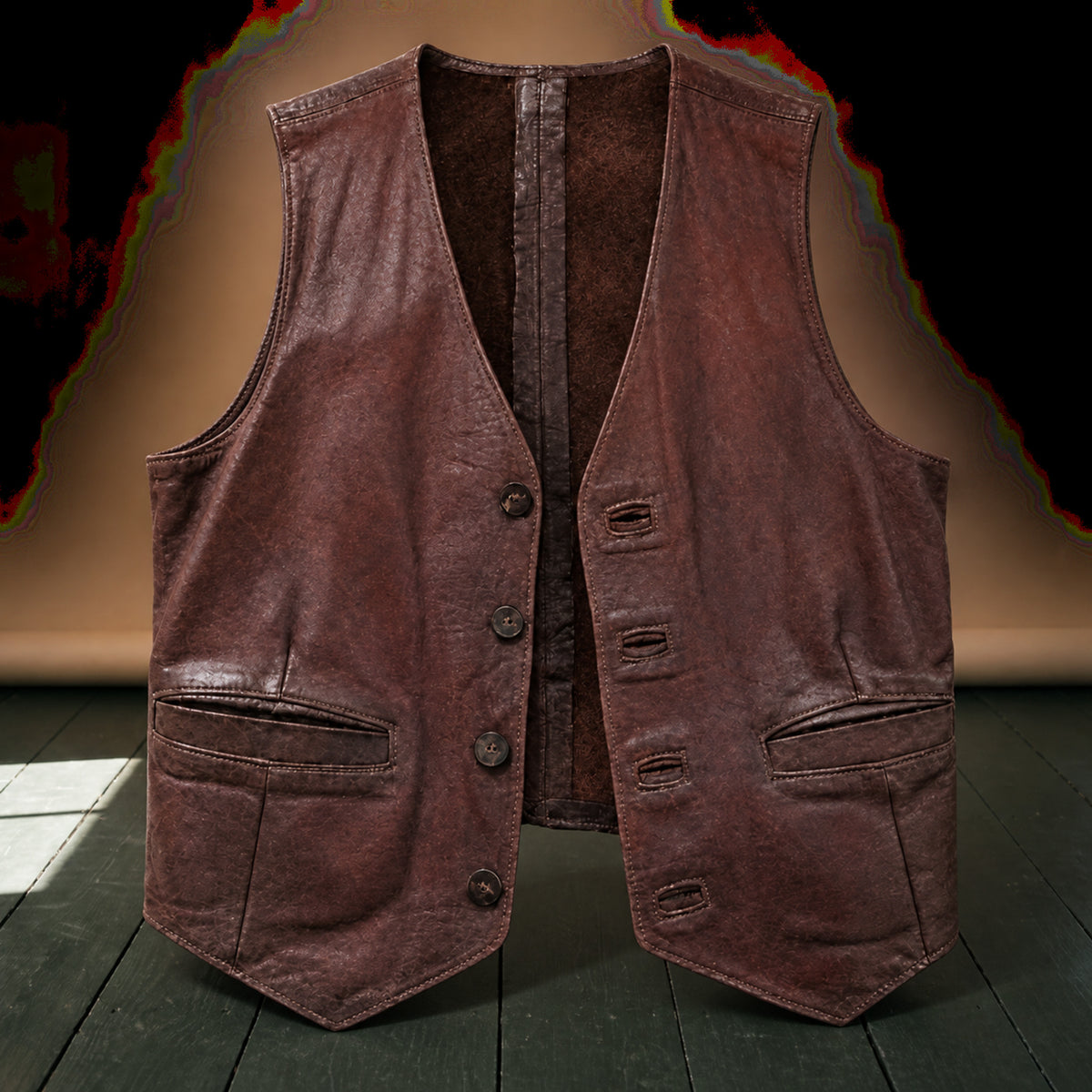 Gros plan sur la matière effet cuir patinée, les boutons et une poche du gilet vintage homme marron Bild