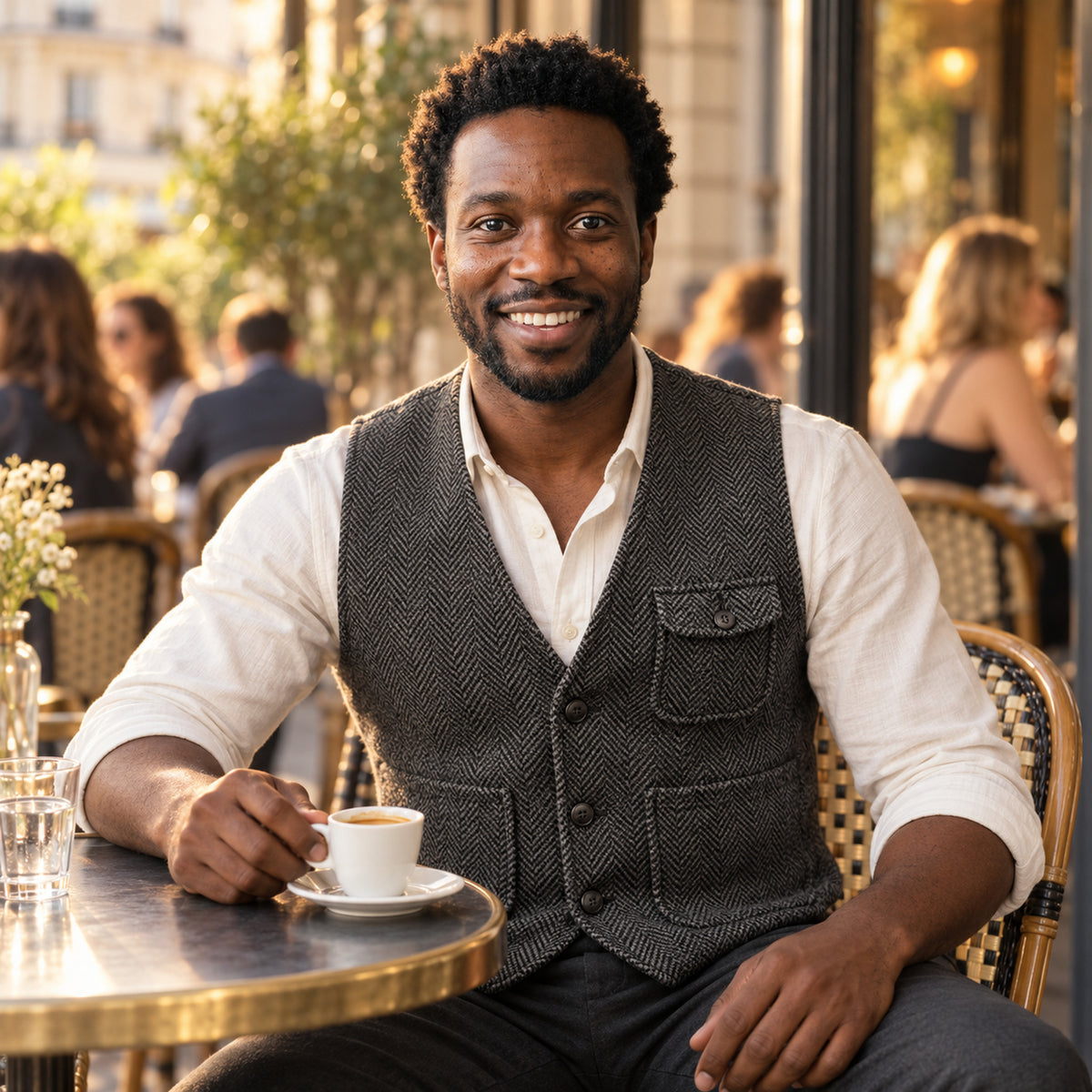 Homme en gilet laine homme à chevrons assis à une terrasse de café parisienne, fin d'après-midi Bild