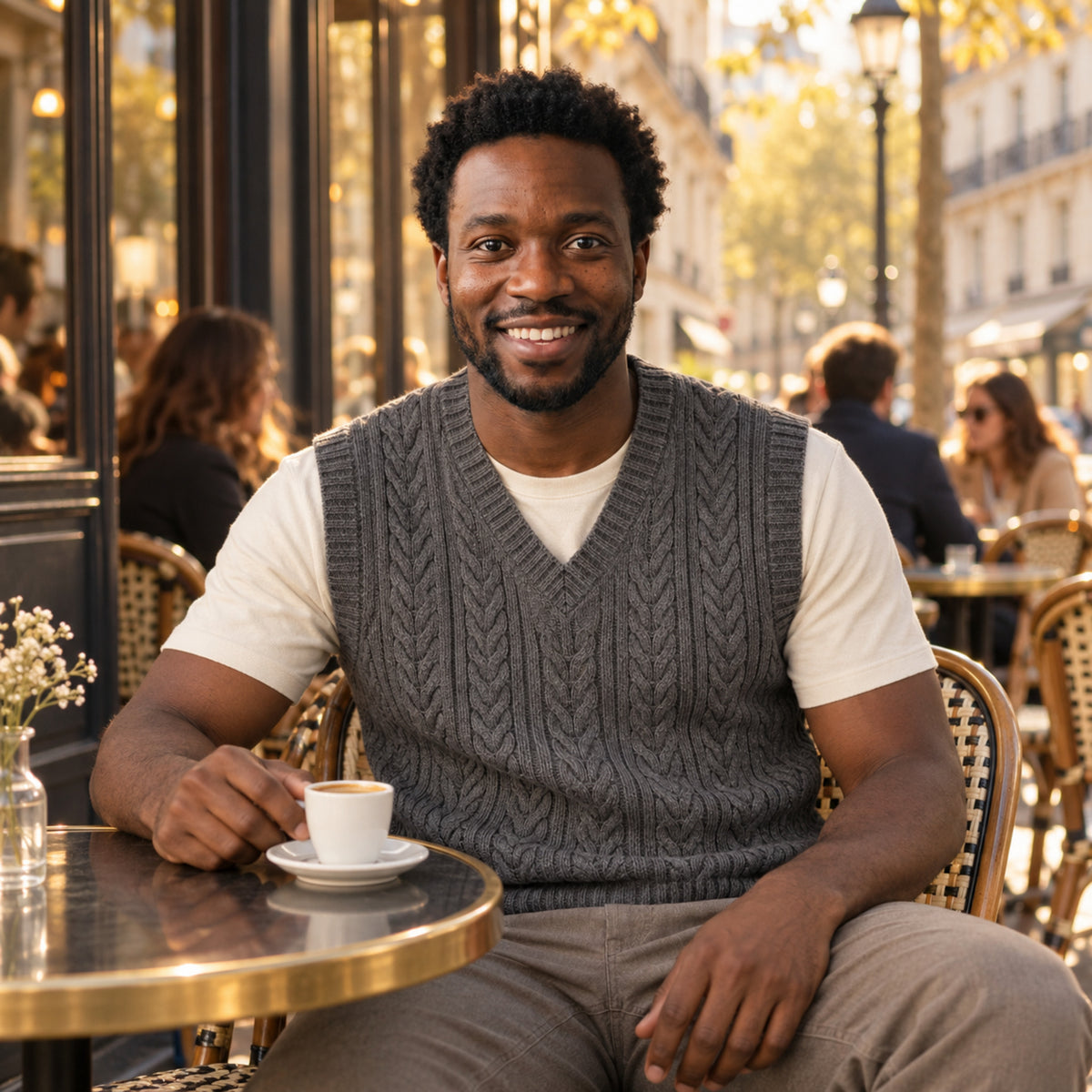 Homme en gilet tricoté homme assis à une terrasse de café parisienne, fin d'après-midi Bild