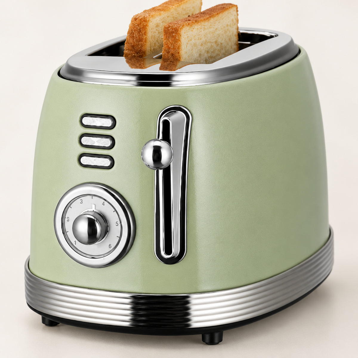 Gros plan sur la molette du thermostat et le boîtier en acier inoxydable du grille-pain vintage vert Bild