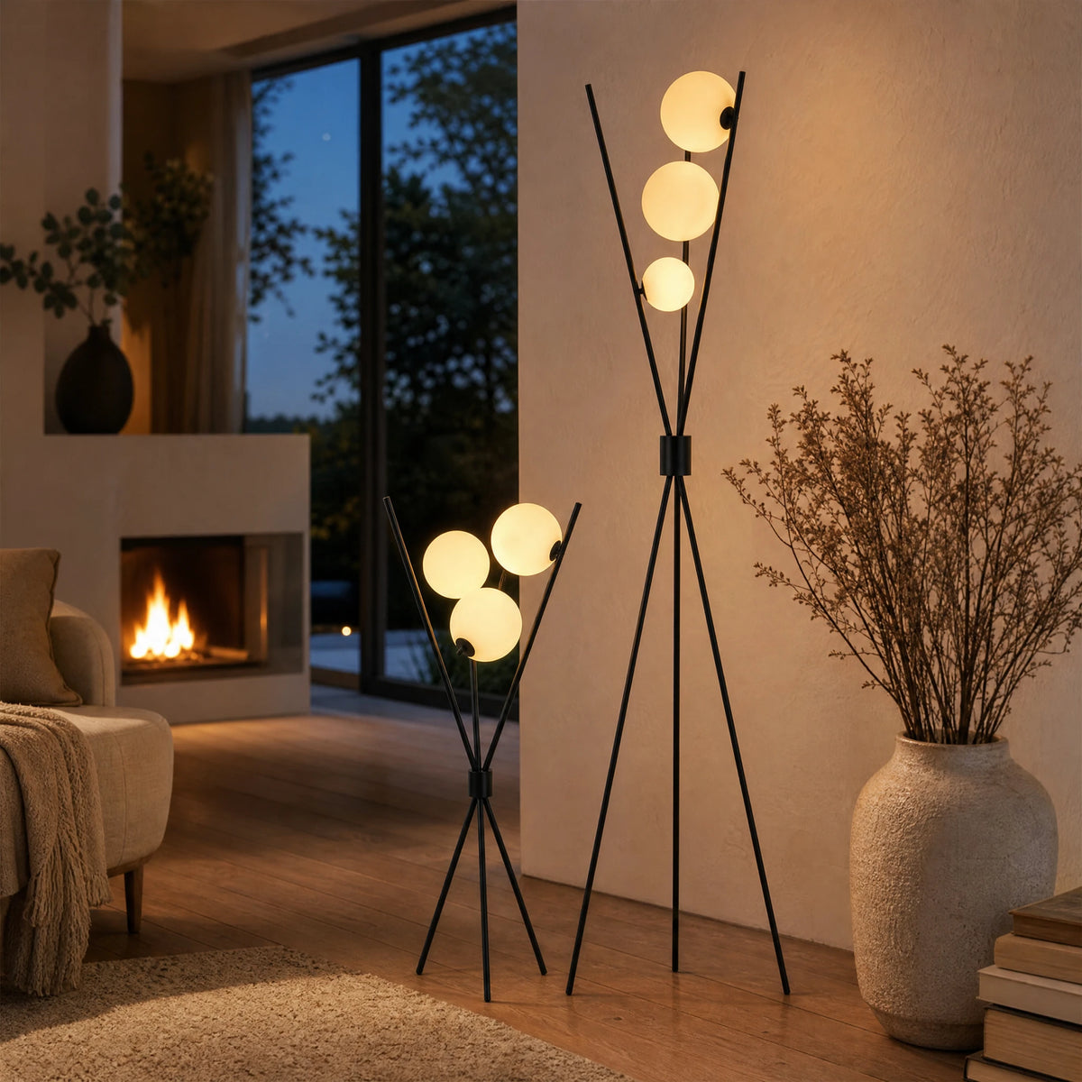 Lampadaire design tripode noir à globes lumineux - OBJETS VARIES