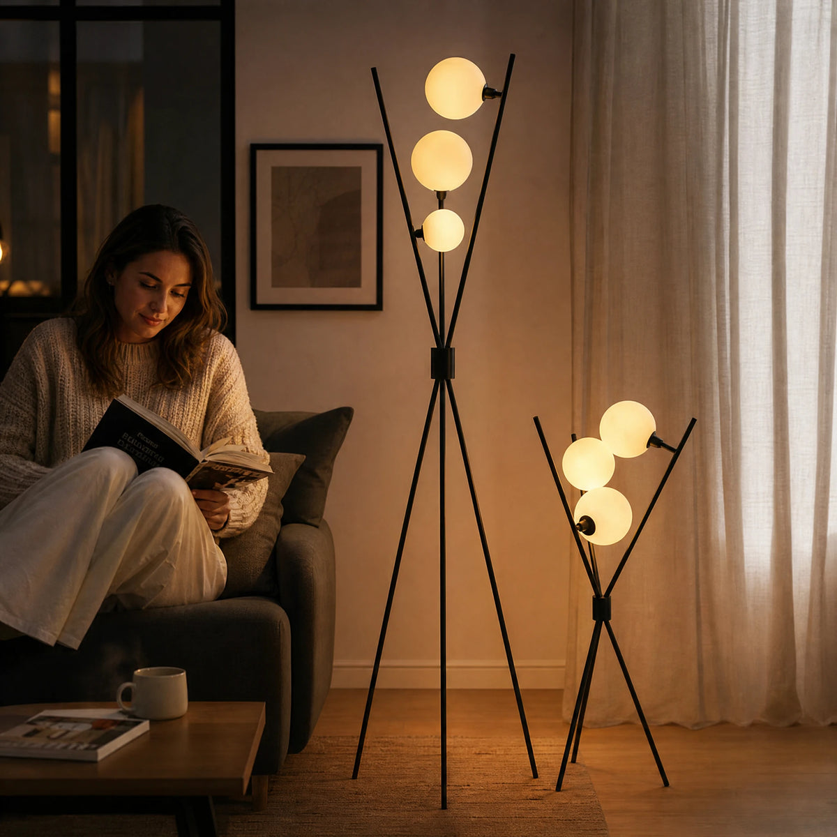 Lampadaire design tripode noir à globes lumineux - Utilisation GLOBALE