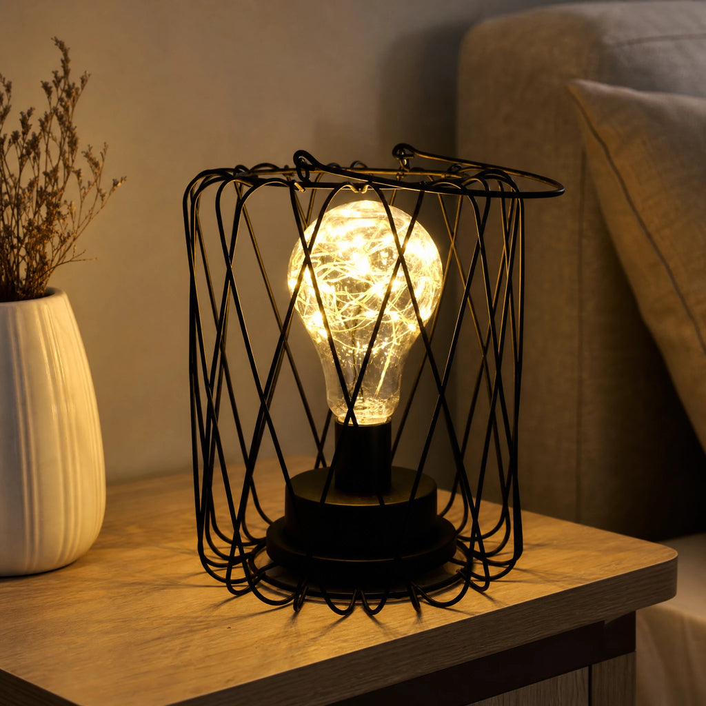 Lampe de Chevet Vintage avec Cage Métallique et Ampoule Décorative - OBJETS VARIES