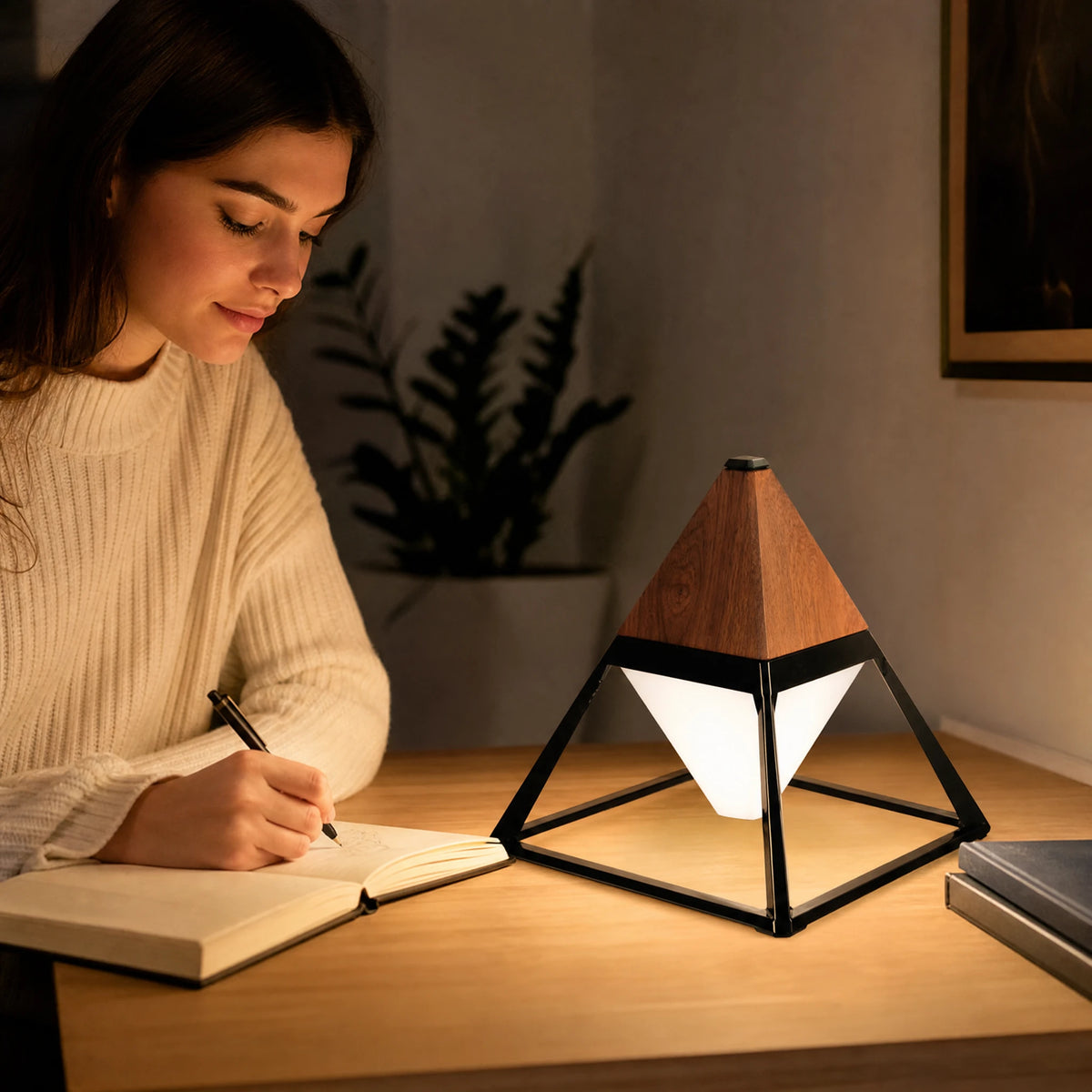 Lampe Pyramide Rechargeable Tactile avec Finition Bois - Utilisation GLOBALE