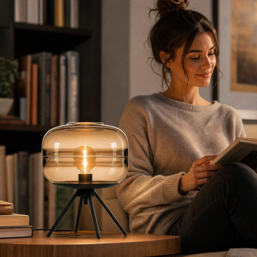 Lampe Vintage à Poser en Verre Soufflé et Trépied Noir - Utilisation GLOBALE