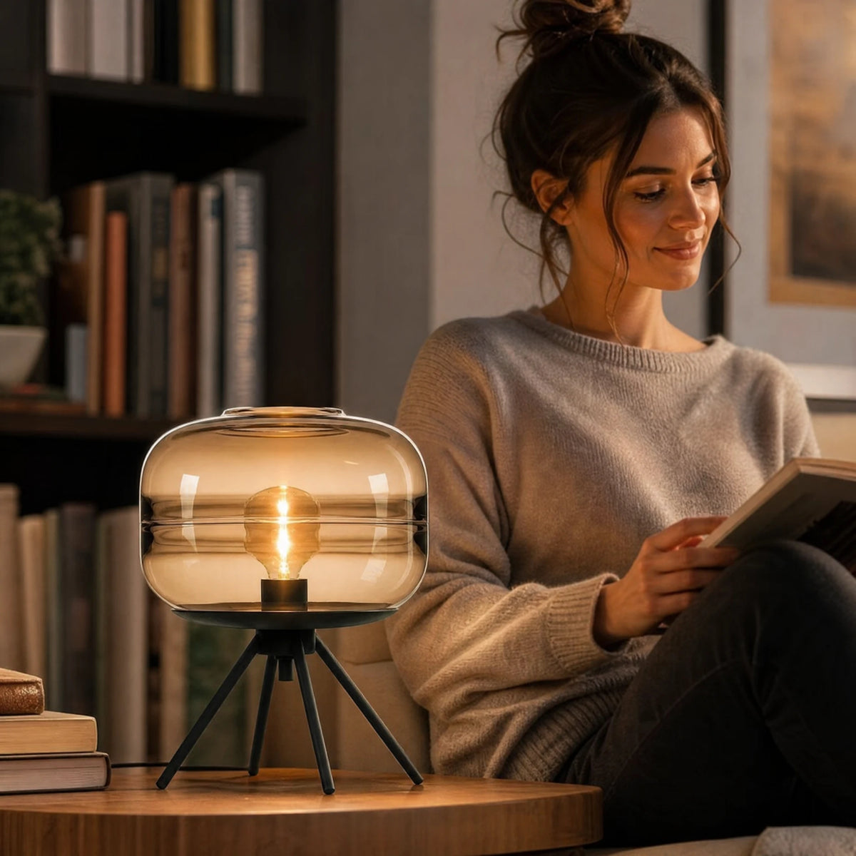 Lampe Vintage à Poser en Verre Soufflé et Trépied Noir - Utilisation GLOBALE