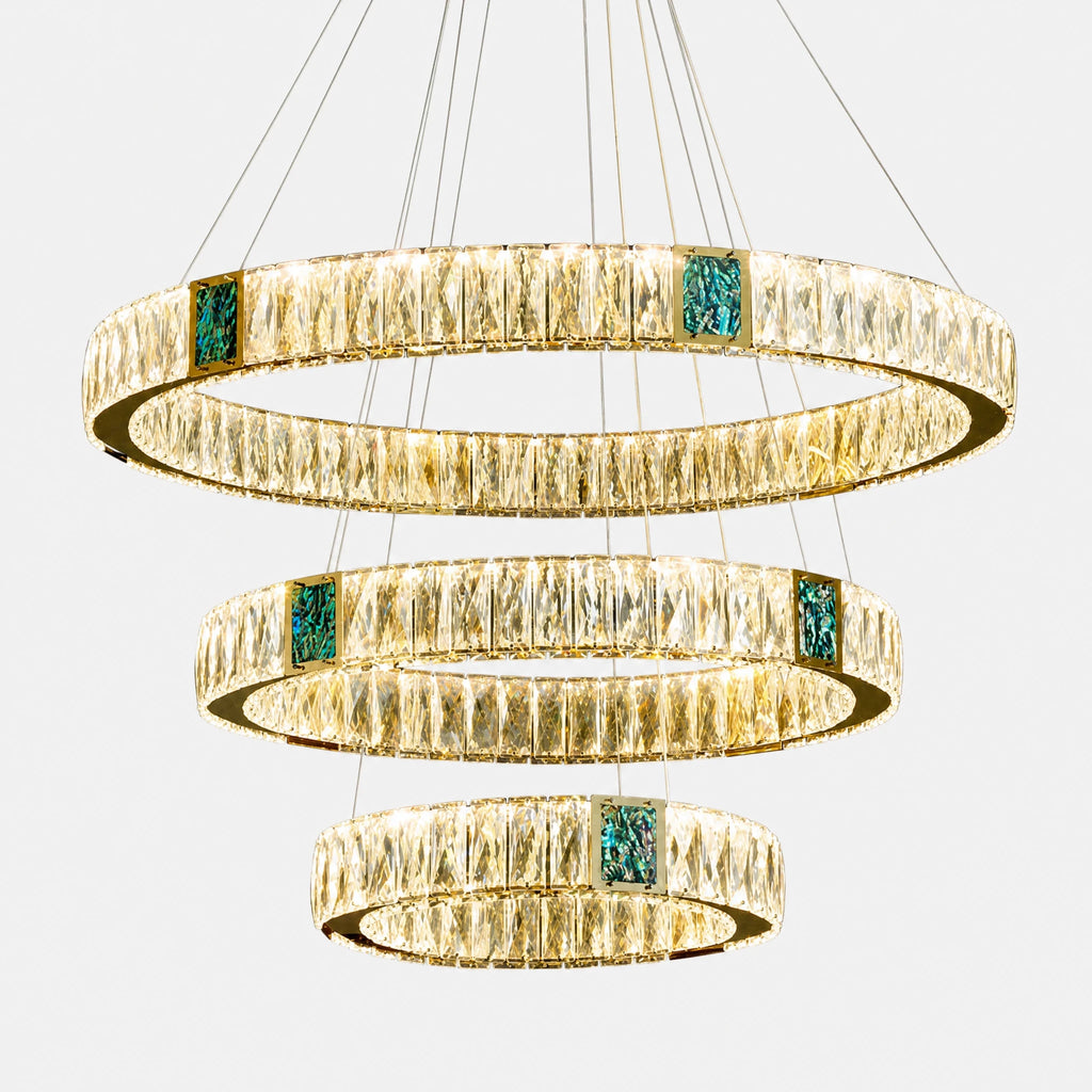 Lustre cristal vintage à trois anneaux LED dorés - image principale