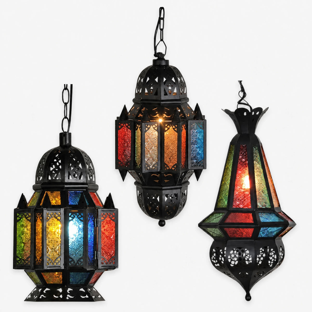Lustre Oriental Suspendu en Verre Coloré et Fer Ajouré - image principale