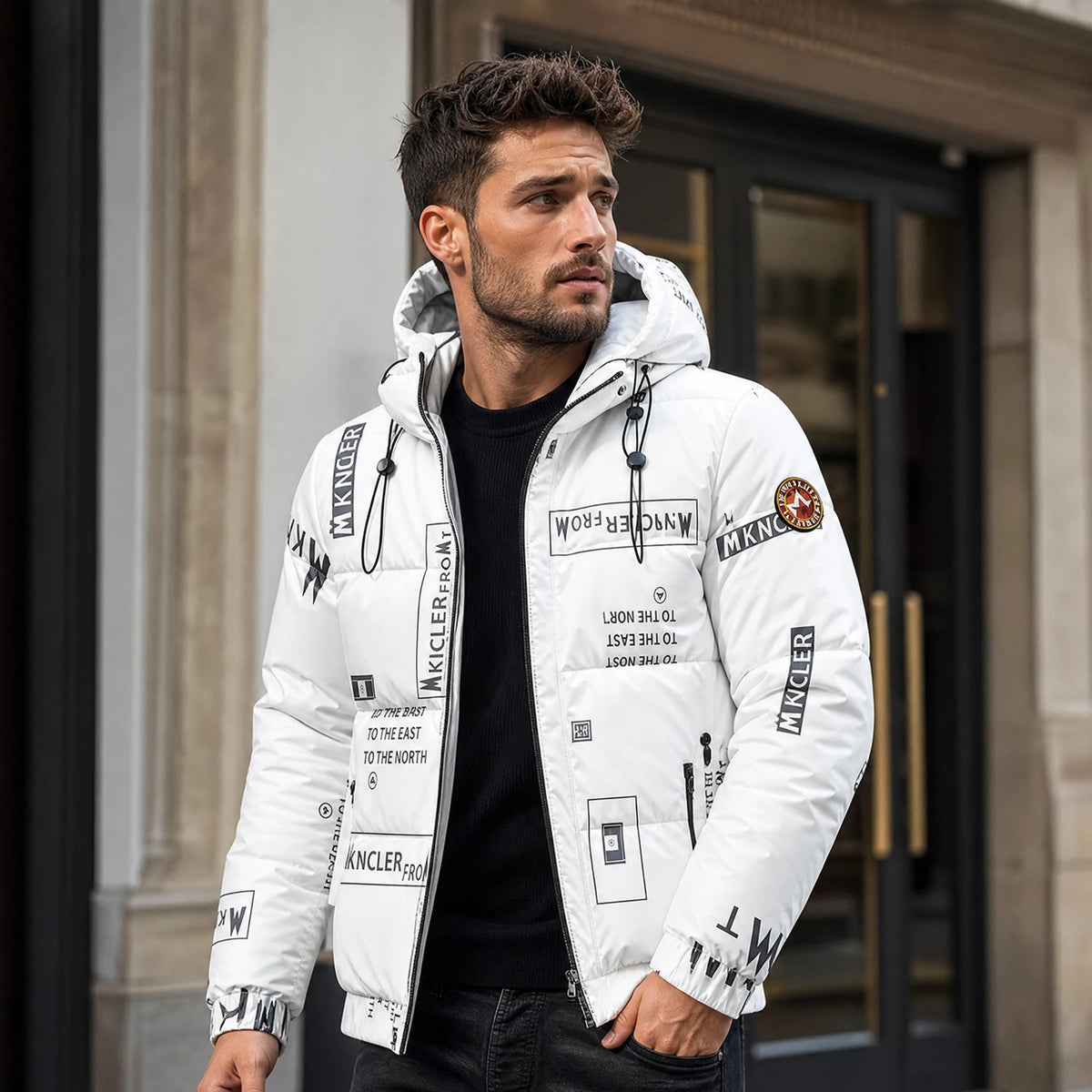 Manteau matelassé à capuche à imprimé lettre vintage - Utilisation GLOBALE